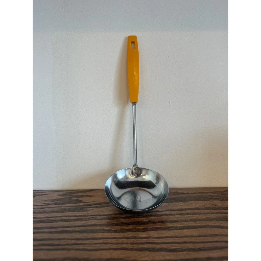 ecko vintage stainless steel soup ladle yellow handle kitchen utensil 70s MCM